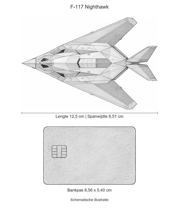 F-117 Nighthawk: schematische illustratie van bovenaf met bankpas op gelijke schaal. Lengte 12,5 cm, spanwijdte 8,51 cm; bankpas 8,56 x 5,40 cm.