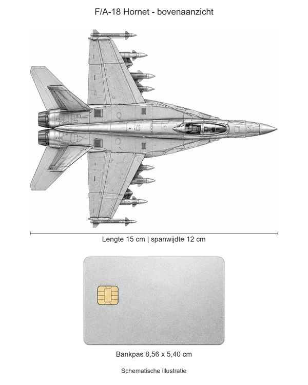 Schematisch bovenaanzicht van metalen F/A-18 Hornet, 15 cm lang met 12 cm spanwijdte, naast een bankpas van 8,56 x 5,40 cm op dezelfde schaal
