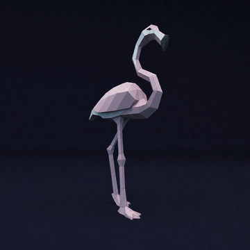 Bijna levensgrote roze flamingo als geometrisch 3D papiermodel in sierlijke eenbenige houding
