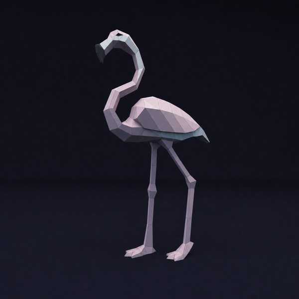 Groot roze low-poly flamingo papiermodel van opzij met volledige lange poten
