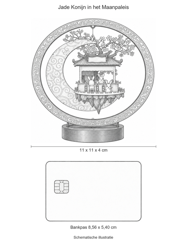 Schematische illustratie van Jade Konijn in het Maanpaleis, circa 11 x 11 x 4 cm, naast een bankpas van 8,56 x 5,40 cm op dezelfde schaal
