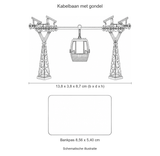 Schematische illustratie van het metalen kabelbaanmodel, 13,8 cm breed en 8,7 cm hoog, op gelijke schaal met een bankpas van 8,56 x 5,40 cm