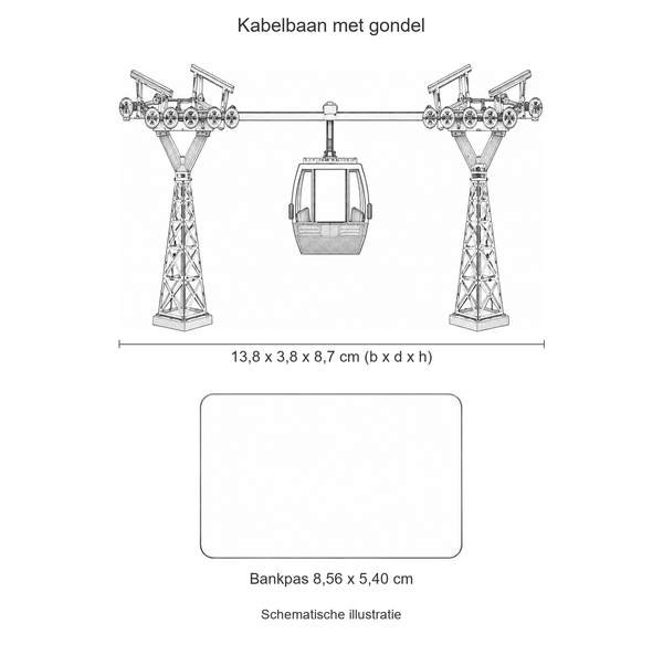 Schematische illustratie van het metalen kabelbaanmodel, 13,8 cm breed en 8,7 cm hoog, op gelijke schaal met een bankpas van 8,56 x 5,40 cm