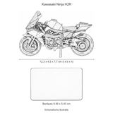 Schematische illustratie van het metalen Kawasaki Ninja H2R model, 12,3 x 4,5 x 7,7 cm, op gelijke schaal met een bankpas van 8,56 x 5,40 cm