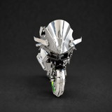 Vooraanzicht van het metalen Kawasaki Ninja H2R model met smalle neus, windscherm en breed voorwiel