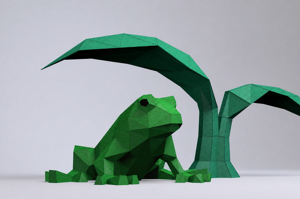 Groene geometrische kikker beschut onder twee grote bladeren als 3D-papiermodel