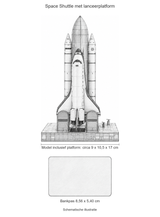 Schematische illustratie van de Space Shuttle met lanceerplatform, circa 17 cm hoog en 10,5 cm over de lange platformzijde, naast een bankpas van 8,56 bij 5,40 cm