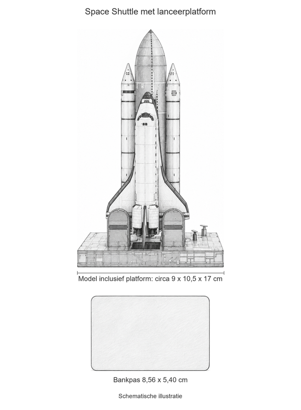 Schematische illustratie van de Space Shuttle met lanceerplatform, circa 17 cm hoog en 10,5 cm over de lange platformzijde, naast een bankpas van 8,56 bij 5,40 cm