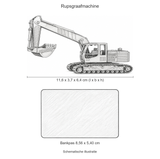 Schematische illustratie van de metalen rupsgraafmachine, 11,6 x 3,7 x 6,4 cm, op gelijke schaal met een bankpas van 8,56 x 5,40 cm
