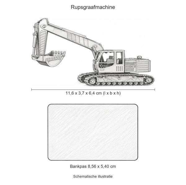 Schematische illustratie van de metalen rupsgraafmachine, 11,6 x 3,7 x 6,4 cm, op gelijke schaal met een bankpas van 8,56 x 5,40 cm