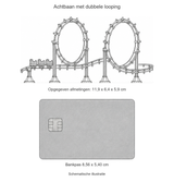 Schematische illustratie achtbaan met dubbele looping en bankpas. Opgegeven modelmaten 11,9 x 6,4 x 5,9 cm; bankpas 8,56 x 5,40 cm.