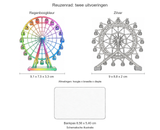 Schematische illustratie van het regenboogkleurige en zilveren reuzenrad met hun eigen afmetingen op gelijke schaal met een bankpas van 8,56 x 5,40 cm