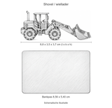 Schematische illustratie van de shovel wiellader, 8,8 x 3,5 x 3,7 cm, op gelijke schaal naast een bankpas van 8,56 x 5,40 cm