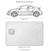 Schematische Moderne Kever sportcoupe van circa 8,2 cm lang naast een bankpas van 8,56 x 5,40 cm op dezelfde schaal