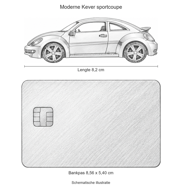 Schematische Moderne Kever sportcoupe van circa 8,2 cm lang naast een bankpas van 8,56 x 5,40 cm op dezelfde schaal