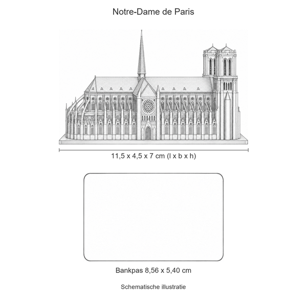 Schematische illustratie van het metalen Notre-Dame model, 11,5 cm lang en 7 cm hoog, op gelijke schaal met een bankpas van 8,56 x 5,40 cm