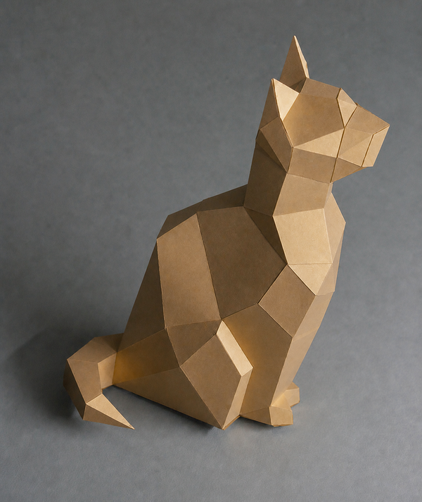 Observerende kat als 3D papiermodel in gedempt warm champagnegoud cardstock