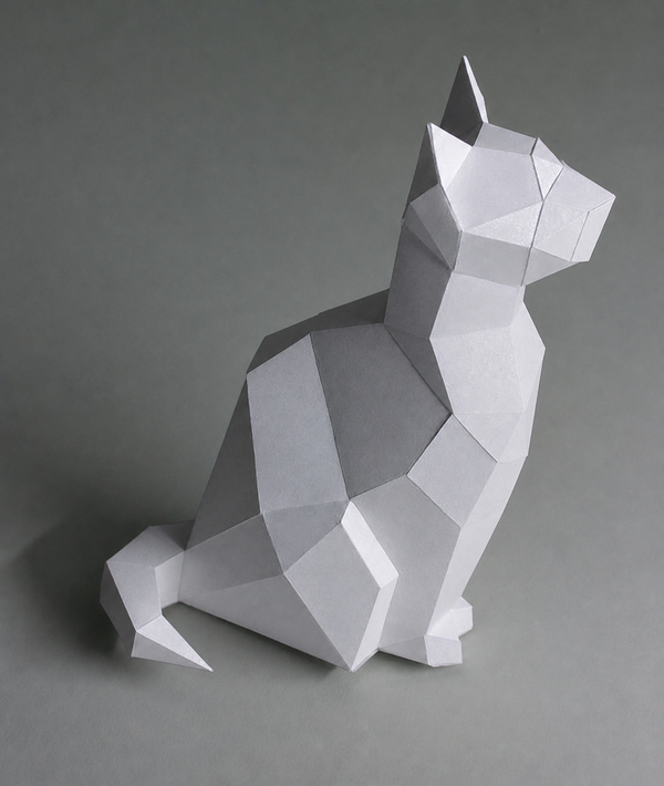 Observerende kat als 3D papiermodel in het actuele licht zilvergrijze cardstock