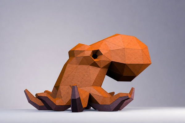 Oranjebruine octopus als 3D papiermodel, schuin van rechts met acht geometrische tentakels