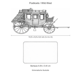Schematische illustratie van de metalen postkoets, 14,5 cm lang en 6,4 cm hoog, op gelijke schaal met een bankpas van 8,56 x 5,40 cm