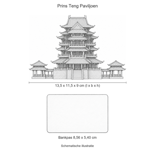 Schematische illustratie van het metalen Prins Teng Paviljoen, 13,5 cm over de basis en 9 cm hoog, op gelijke schaal met een bankpas van 8,56 x 5,40 cm