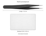 Recht precisiepincet: schematische illustratie van de lengte 13,5 cm naast een standaard bankpas van 8,56 x 5,40 cm, op dezelfde schaal.