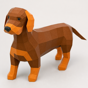 Opgebouwd bruin en roestkleurig 3D-papiermodel van een ruwharige teckel met lange rug en korte poten