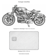 Schematische illustratie van de Avenger motorfiets met bankpas als maatvergelijking. Opgegeven modelmaten 12,8 x 4,3 x 6,2 cm; bankpas 8,56 x 5,40 cm.