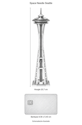 Schematische Space Needle van circa 20,7 cm hoog naast een bankpas van 8,56 x 5,40 cm op dezelfde schaal