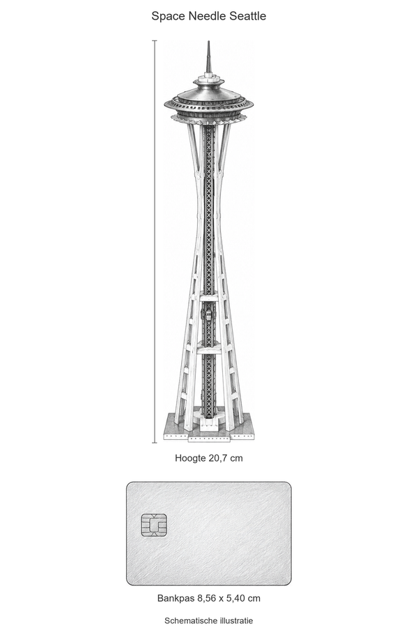Schematische Space Needle van circa 20,7 cm hoog naast een bankpas van 8,56 x 5,40 cm op dezelfde schaal