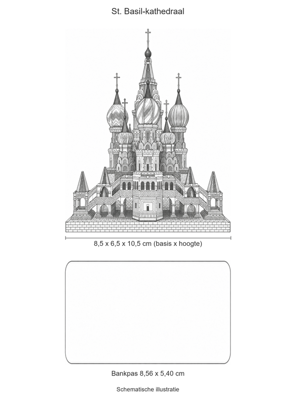 Schematische illustratie van de St. Basil-kathedraal in vooraanzicht, basis 8,5 cm breed en hoogte 10,5 cm, met bankpas van 8,56 x 5,40 cm op dezelfde schaal