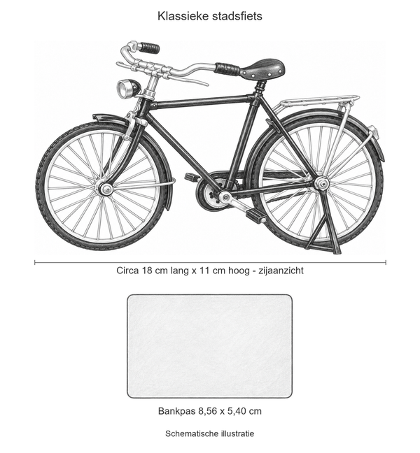 Schematische illustratie van de stadsfiets in zijaanzicht, circa 18 cm lang en 11 cm hoog, naast een bankpas van 8,56 bij 5,40 cm; losse accessoires niet afgebeeld