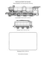 Hall-locomotief: schematische maatillustratie uitsluitend voor rood-zwart-goud, locomotief 10,8 x 2,01 x 3,4 cm en tender 6,2 x 1,8 x 2,7 cm naast bankpas 8,56 x 5,40 cm. Geen maatclaim voor zilverkleurig.