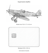 Supermarine Spitfire: schematische illustratie naast een bankpas van 8,56 x 5,40 cm. Model circa 10 x 7,7 x 4,6 cm.