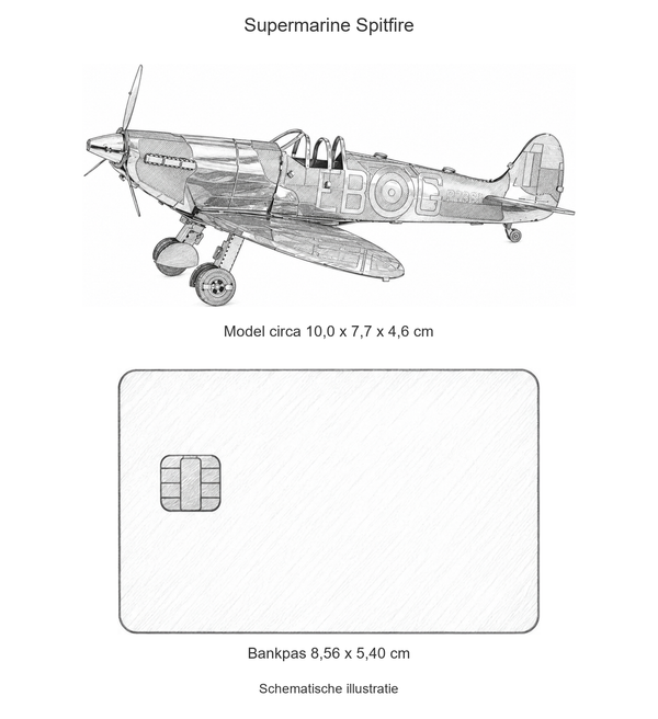Supermarine Spitfire: schematische illustratie naast een bankpas van 8,56 x 5,40 cm. Model circa 10 x 7,7 x 4,6 cm.