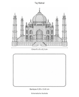 Schematische illustratie van het Taj Mahal metalen model van circa 9 bij 9 bij 6,3 cm naast een bankpas van 8,56 bij 5,40 cm