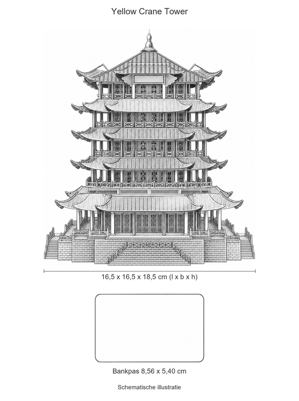 Schematische illustratie van de Yellow Crane Tower in vooraanzicht, 16,5 cm breed en 18,5 cm hoog, op gelijke schaal met een bankpas van 8,56 x 5,40 cm