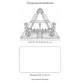 Schematische illustratie van de metalen Vikingschip-kermisattractie, 8,2 cm breed en 6,5 cm hoog, op gelijke schaal met een bankpas van 8,56 x 5,40 cm