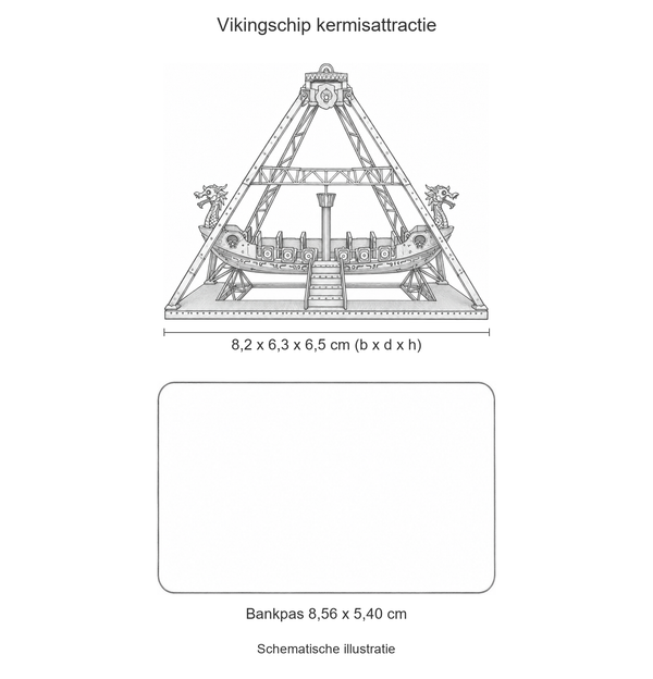 Schematische illustratie van de metalen Vikingschip-kermisattractie, 8,2 cm breed en 6,5 cm hoog, op gelijke schaal met een bankpas van 8,56 x 5,40 cm