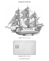Vliegende Hollander: schematische illustratie naast een bankpas van 8,56 x 5,40 cm. Model 15 x 3,7 x 12 cm.