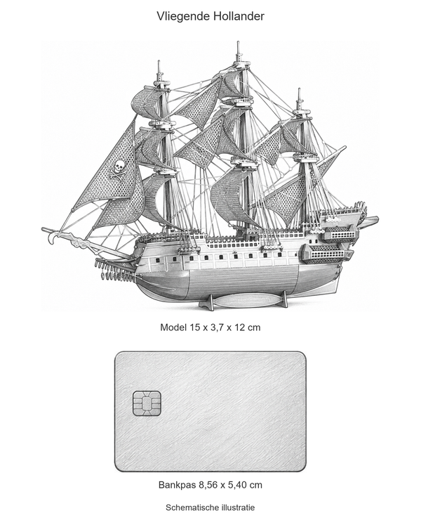 Vliegende Hollander: schematische illustratie naast een bankpas van 8,56 x 5,40 cm. Model 15 x 3,7 x 12 cm.