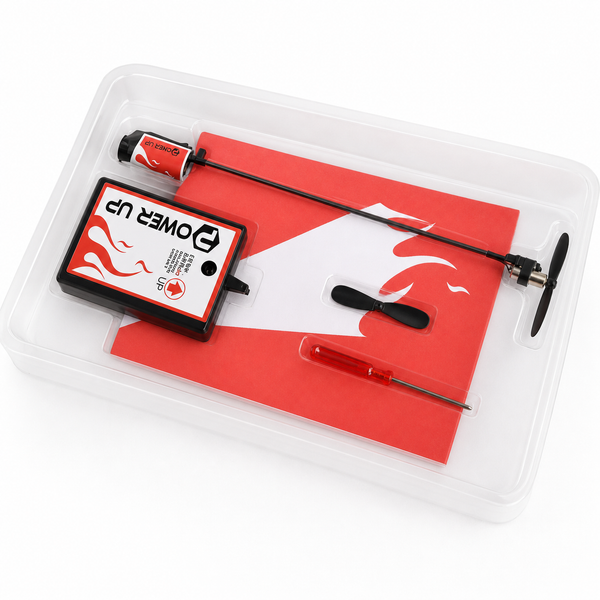 Complete vliegtuigmotor voor papieren vliegtuigen met laadbox, as, propeller en rood-witte vliegtuigbladen