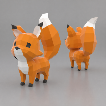 Klein roodbruin vosje als 3D papiermodel met grote rechtopstaande staart, voor- en achteraanzicht