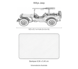 Schematische illustratie van de metalen Willys Jeep, 9,5 cm lang en 4 cm hoog, op gelijke schaal met een bankpas van 8,56 x 5,40 cm