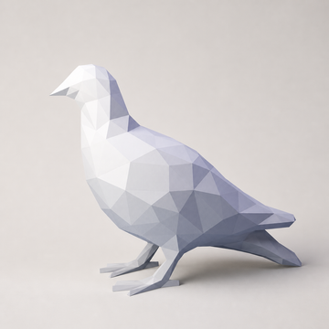 Staande witte duif als geometrisch 3D papiermodel op een licht neutrale studioachtergrond
