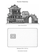 Schematische illustratie van Wuzhen Waterdorp, circa 9,4 x 7,9 x 5,5 cm, naast een bankpas van 8,56 x 5,40 cm op dezelfde schaal
