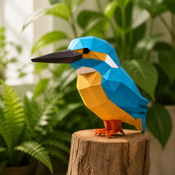 Zittende blauwe en oranje ijsvogel van papier op een stronk tussen groene planten