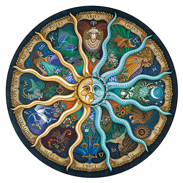 De Dierenriem Houten Puzzel (A4+ of A3) van SlimSpul nederland b.v. heeft een cirkelvormig dierenriemwiel met artistieke afbeeldingen en ingewikkelde details van alle 12 astrologische tekens die uitstralen vanuit een centraal zon- en maanvlak.