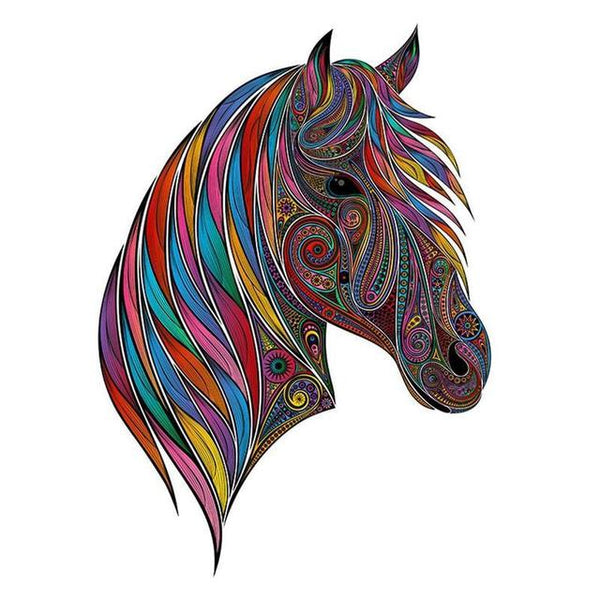 Levendige, gedetailleerde illustratie van een paardenhoofd met wervelende patronen op een witte achtergrond - perfect als cadeau voor paardenliefhebbers of beenpuzzel paard. Paard Houten Puzzel (A3) van SlimSpul nederland b.v.: Nobel Dier Figuurpuzzel.