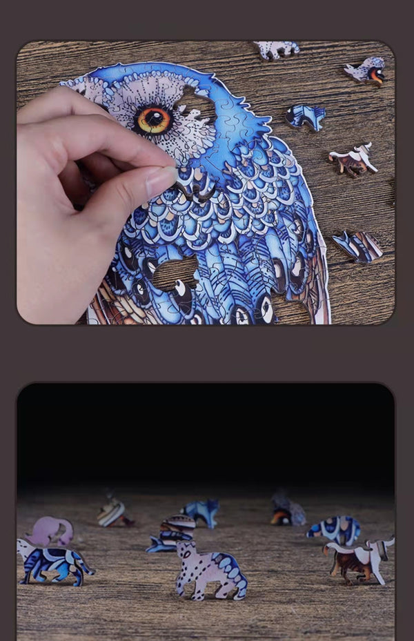 Een hand plaatst een stuk in de SlimSpul nederland b.v. Uil Houten Figuurpuzzel (A3) - Met Verborgen Dierenstukjes op hout, met diervormige stukken verspreid in de buurt.